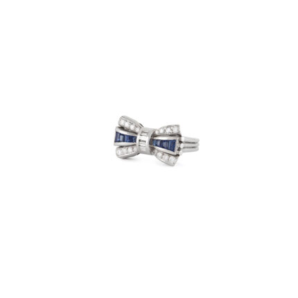Inel vintage cu fundita din aur alb de 14k cu safire si diamante naturale