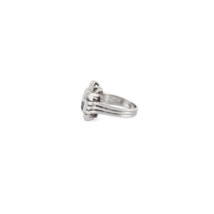 Inel vintage cu fundita din aur alb de 14k cu safire si diamante naturale
