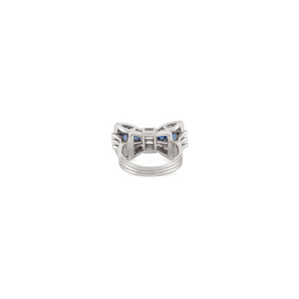 Inel vintage cu fundita din aur alb de 14k cu safire si diamante naturale