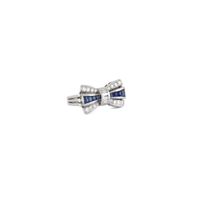 Inel vintage cu fundita din aur alb de 14k cu safire si diamante naturale