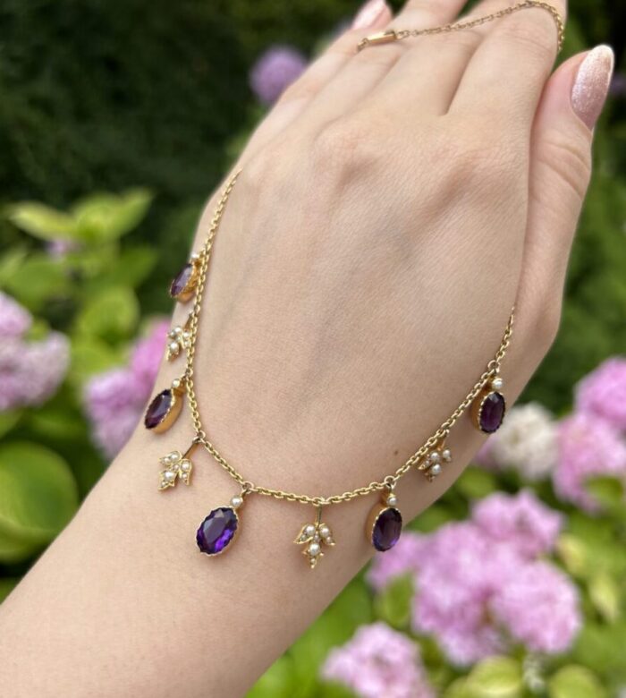 Colier din perioada edwardiana, aur de 14k cu ametist si perlute naturale