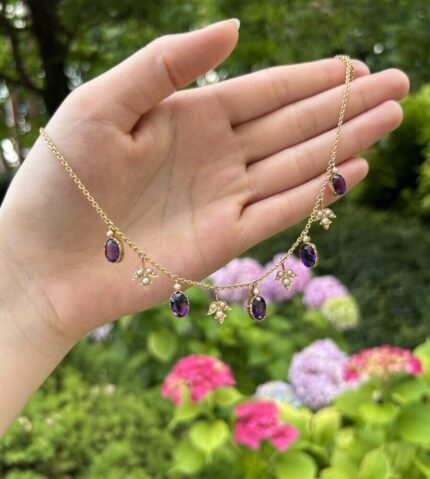 Colier din perioada edwardiana, aur de 14k cu ametist si perlute naturale