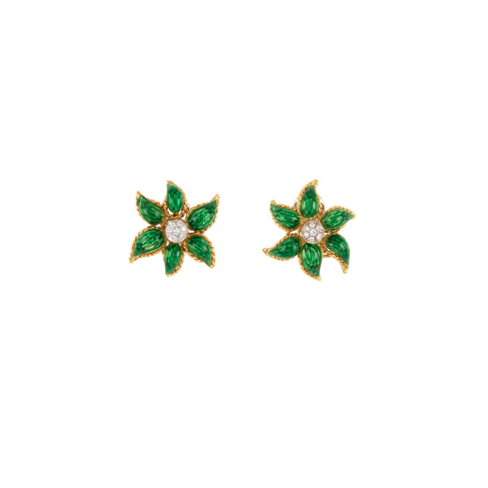 Set din aur de 18k cu email verde si diamante naturale