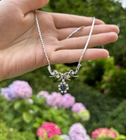 Colier din aur alb de 14k cu safir si diamante naturale