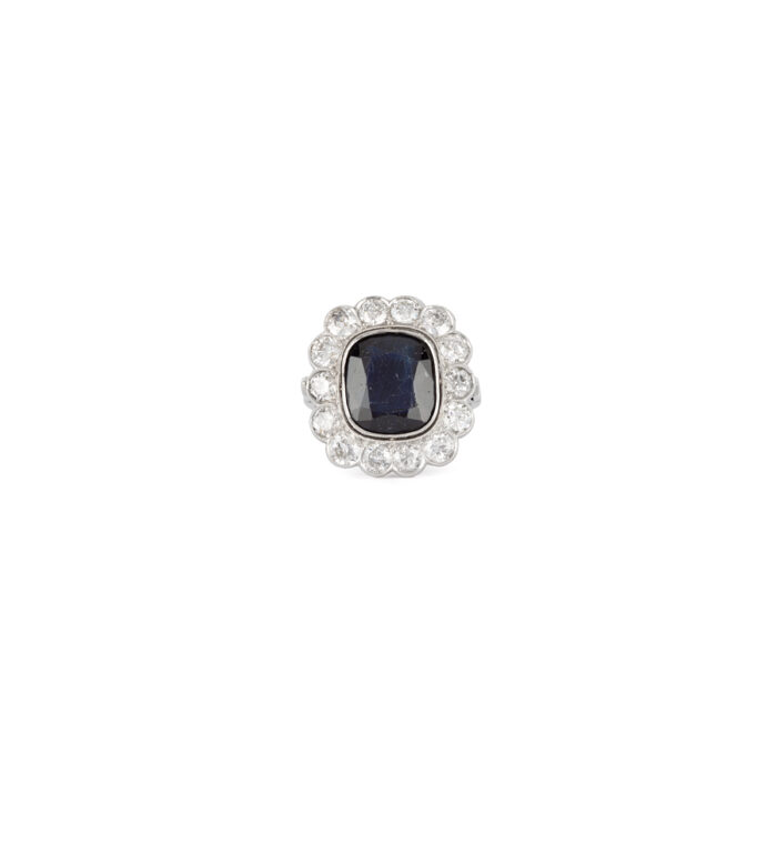 Inel Art Deco din platina cu safir si diamante naturale