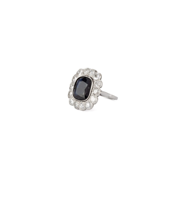 Inel Art Deco din platina cu safir si diamante naturale
