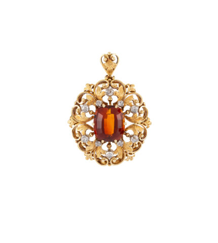 Brosa pandant vintage din aur de 18k cu citrin si diamante naturale
