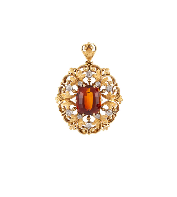Brosa pandant vintage din aur de 18k cu citrin si diamante naturale
