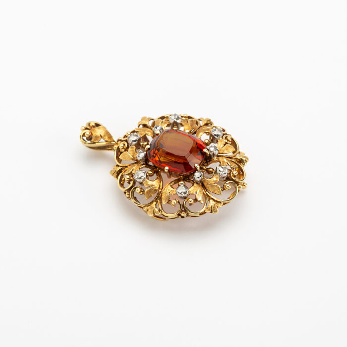 Brosa pandant vintage din aur de 18k cu citrin si diamante naturale