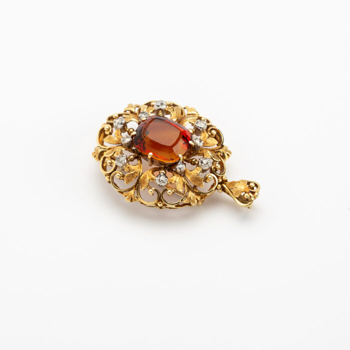 Brosa pandant vintage din aur de 18k cu citrin si diamante naturale