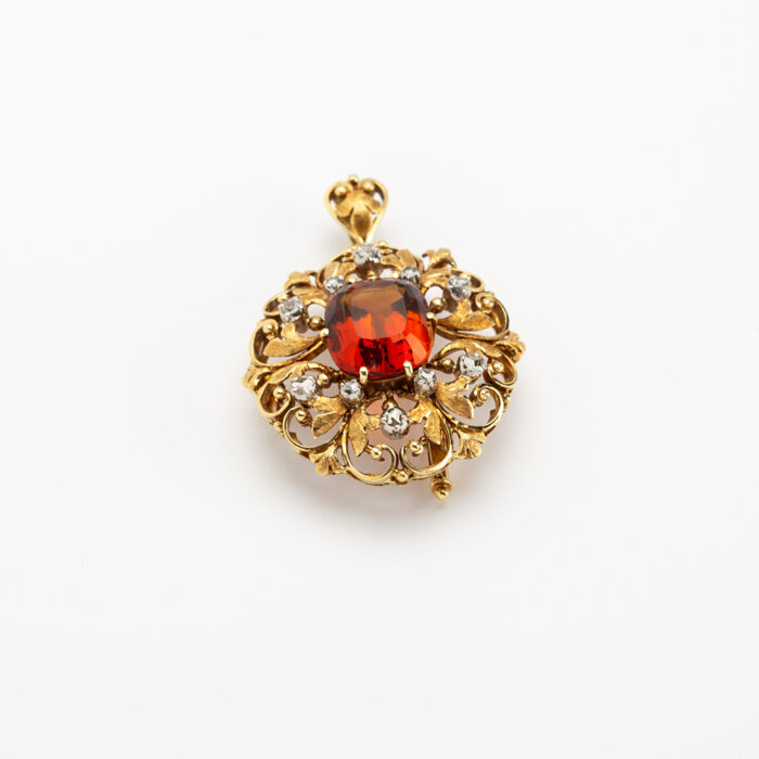 Brosa pandant vintage din aur de 18k cu citrin si diamante naturale