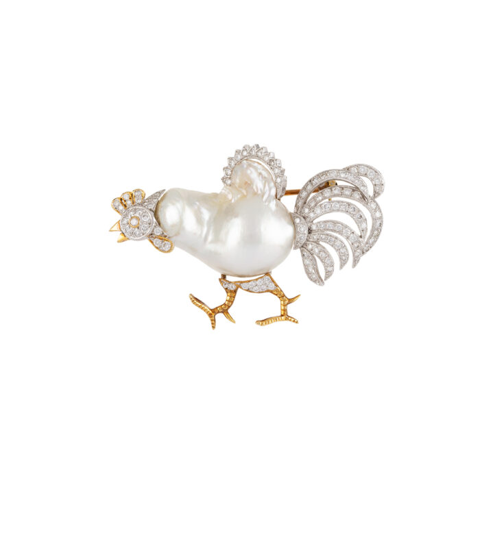 Brosa cocos, creatie din aur de 14k cu perla baroc si diamante naturale