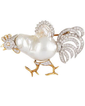 Brosa cocos, creatie din aur de 14k cu perla baroc si diamante naturale