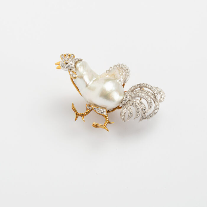 Brosa cocos, creatie din aur de 14k cu perla baroc si diamante naturale