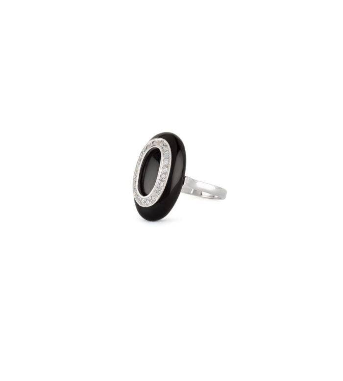 Inel Art Deco din aur alb de 18k cu onix si diamante naturale
