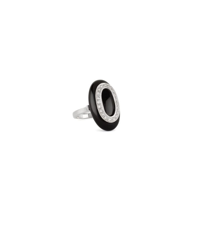 Inel Art Deco din aur alb de 18k cu onix si diamante naturale