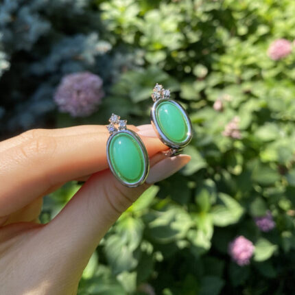 Cercei din aur alb de 14k, calcedonie si diamante naturale