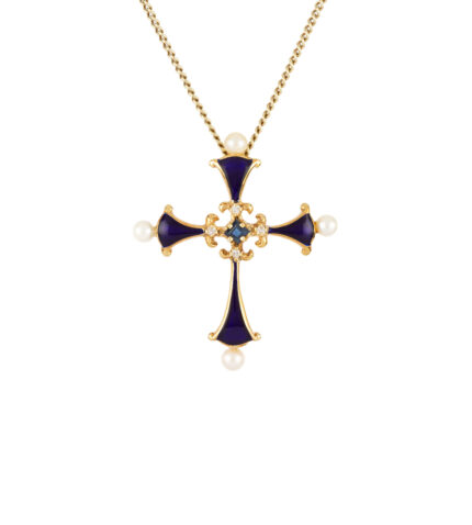 Cruciulita Franclin Mint din aur de 14k cu email cobalt, safir, perlute si diamante naturale