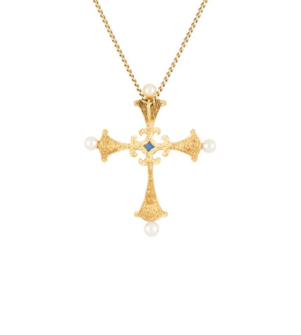 Cruciulita Franclin Mint din aur de 14k cu email cobalt, safir, perlute si diamante naturale