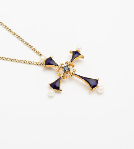 Cruciulita Franclin Mint din aur de 14k cu email cobalt, safir, perlute si diamante naturale