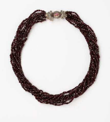 Colier vintage cu granate, cheita din aur de 18k si argint cu diamante si rubine naturale