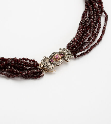 Colier vintage cu granate, cheita din aur de 18k si argint cu diamante si rubine naturale