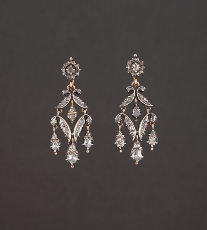 Cercei Art Nouveau din aur de 18k si argint cu diamante naturale