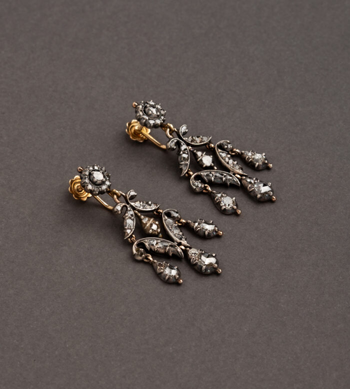 Cercei Art Nouveau din aur de 18k si argint cu diamante naturale