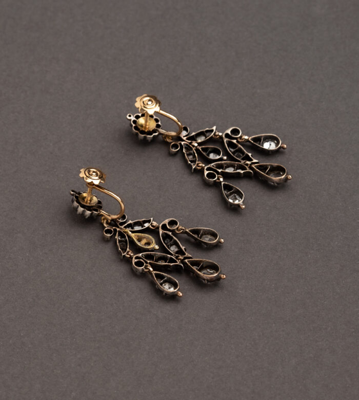 Cercei Art Nouveau din aur de 18k si argint cu diamante naturale