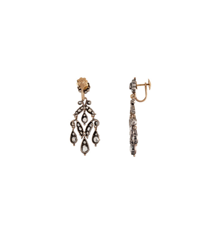 Cercei Art Nouveau din aur de 18k si argint cu diamante naturale