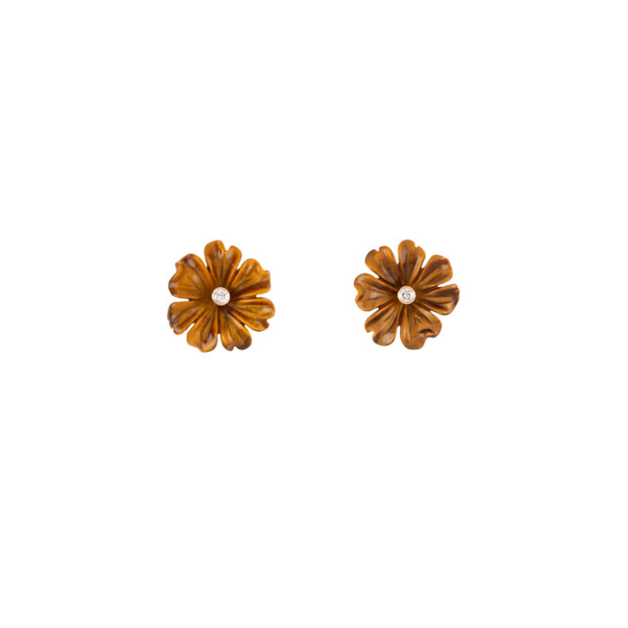 Cercei vintage din aur de 18k cu flori sculptate in ochi de tigru si diamante naturale