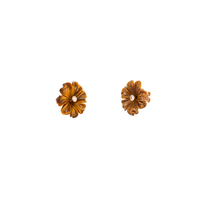 Cercei vintage din aur de 18k cu flori sculptate in ochi de tigru si diamante naturale
