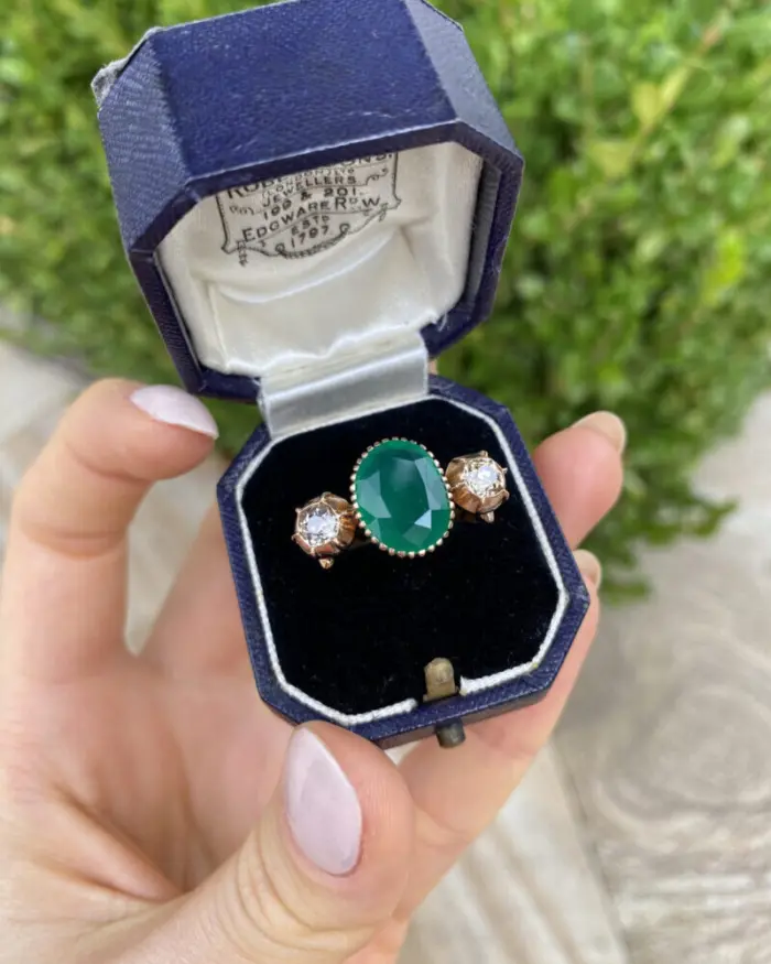 Inel vintage din aur roz de 12k cu crisopraz si diamante naturale
