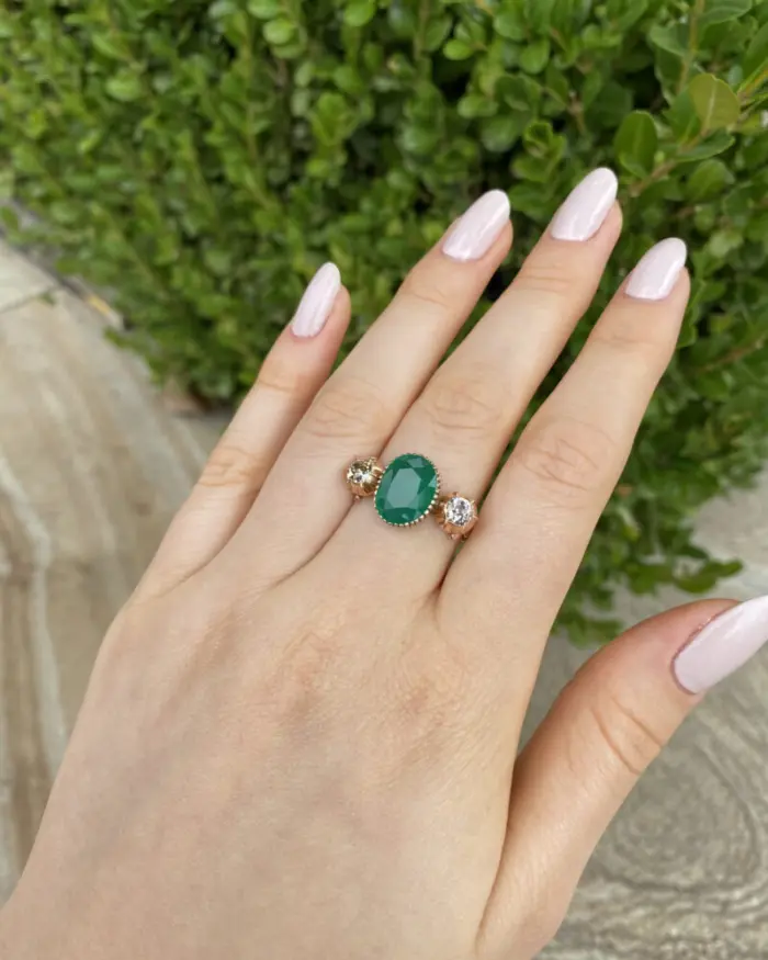 Inel vintage din aur roz de 12k cu crisopraz si diamante naturale