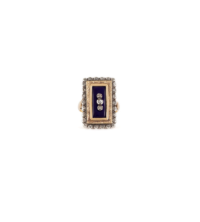 Inel vintage din aur de 18k si argint cu email cobalt si diamante naturale