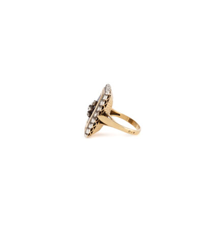 Inel vintage din aur de 18k si argint cu email cobalt si diamante naturale