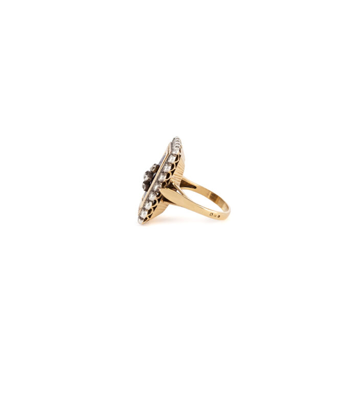 Inel vintage din aur de 18k si argint cu email cobalt si diamante naturale