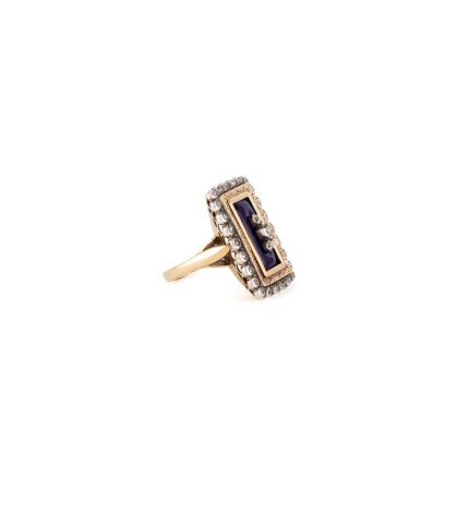 Inel vintage din aur de 18k si argint cu email cobalt si diamante naturale