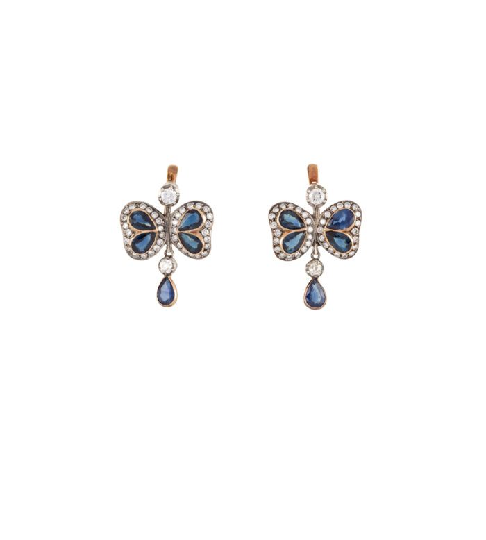 Cercei vintage din aur de 18k si argint cu safire si diamante naturale