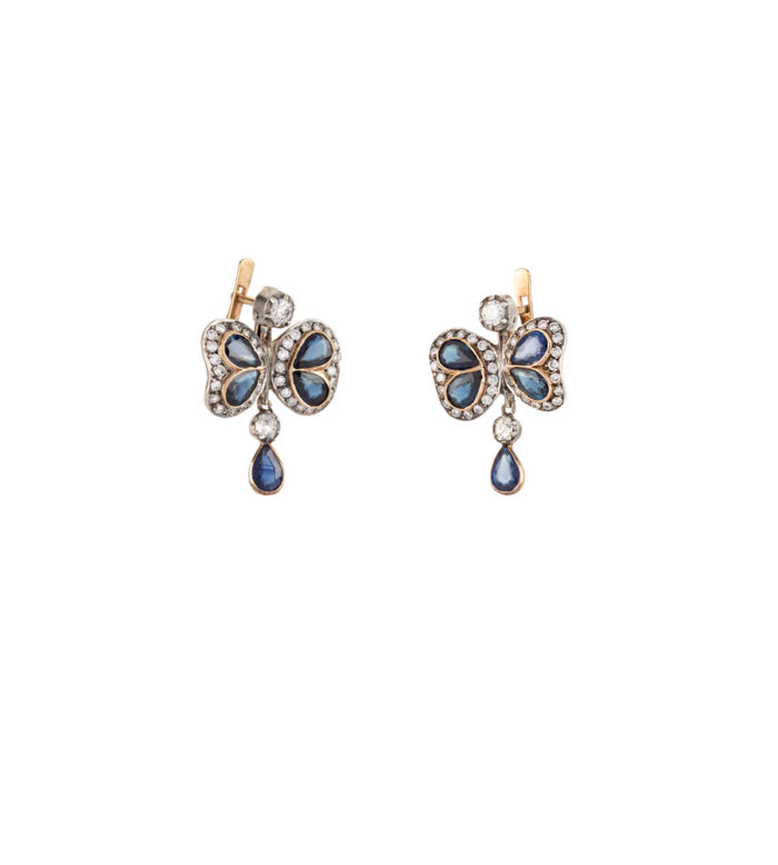 Cercei vintage din aur de 18k si argint cu safire si diamante naturale