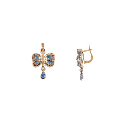 Cercei vintage din aur de 18k si argint cu safire si diamante naturale