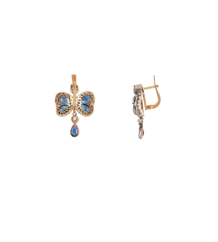 Cercei vintage din aur de 18k si argint cu safire si diamante naturale