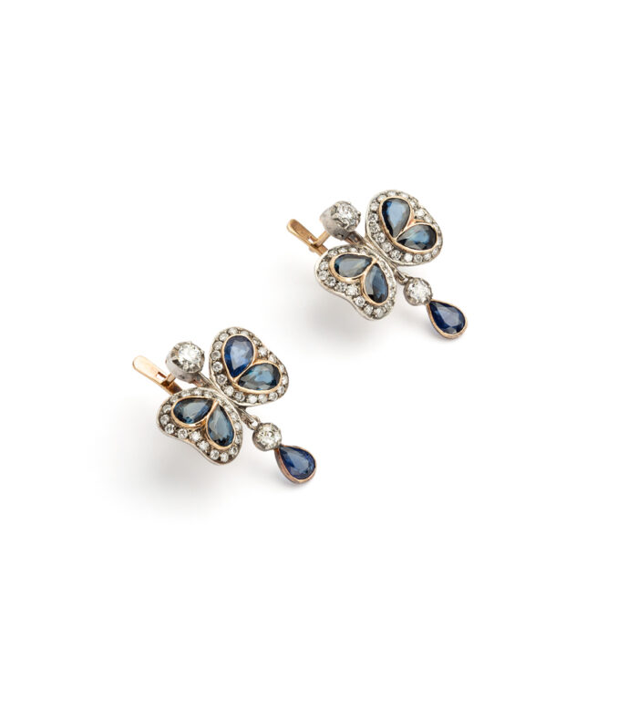 Cercei vintage din aur de 18k si argint cu safire si diamante naturale