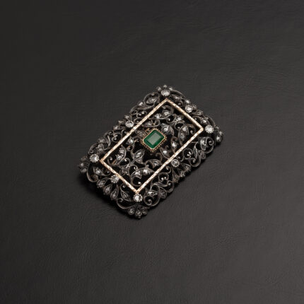 Brosa vintage din aur de 9k si argint cu smarald si diamante naturale