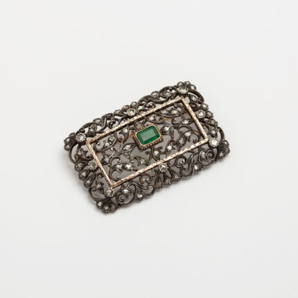 Brosa vintage din aur de 9k si argint cu smarald si diamante naturale