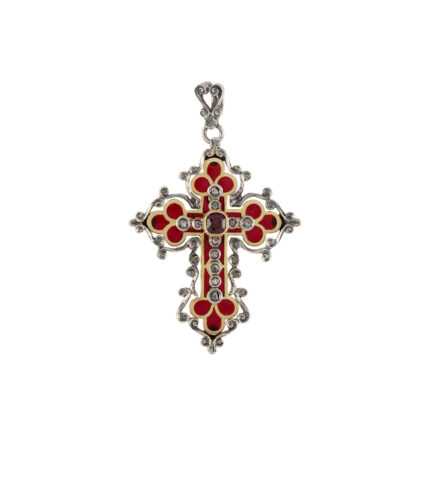 Cruciulita vintage din aur de 18k si argint cu granat si diamante naturale