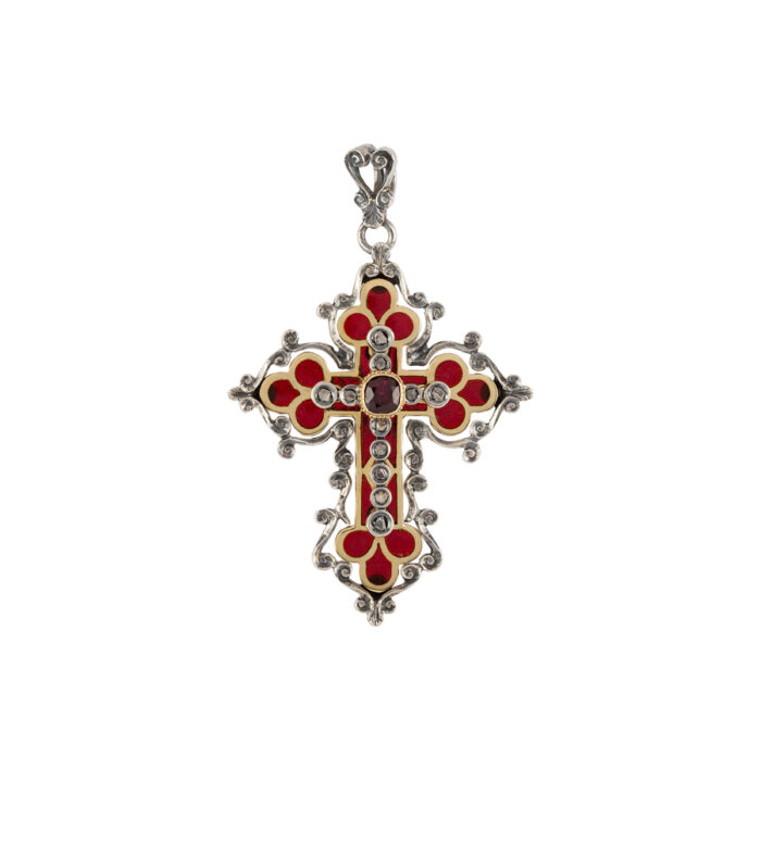 Cruciulita vintage din aur de 18k si argint cu granat si diamante naturale
