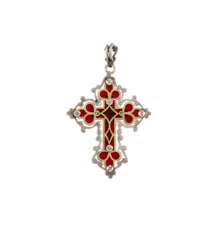 Cruciulita vintage din aur de 18k si argint cu granat si diamante naturale