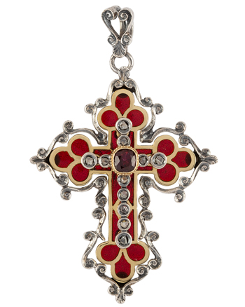 Cruciulita vintage din aur de 18k si argint cu granat si diamante naturale