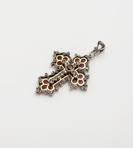 Cruciulita vintage din aur de 18k si argint cu granat si diamante naturale